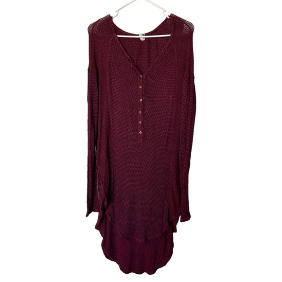 Free People Red Black Oversized Long Sleeve Tie Front Top Lightweight Flowy Sml - Picture 1 of 9